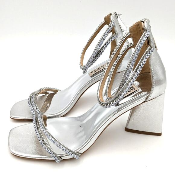 Badgley Mischka Lillie Women's Crystal Dual-Strapped Block Heels Sliver Size 7 - Picture 1 of 8